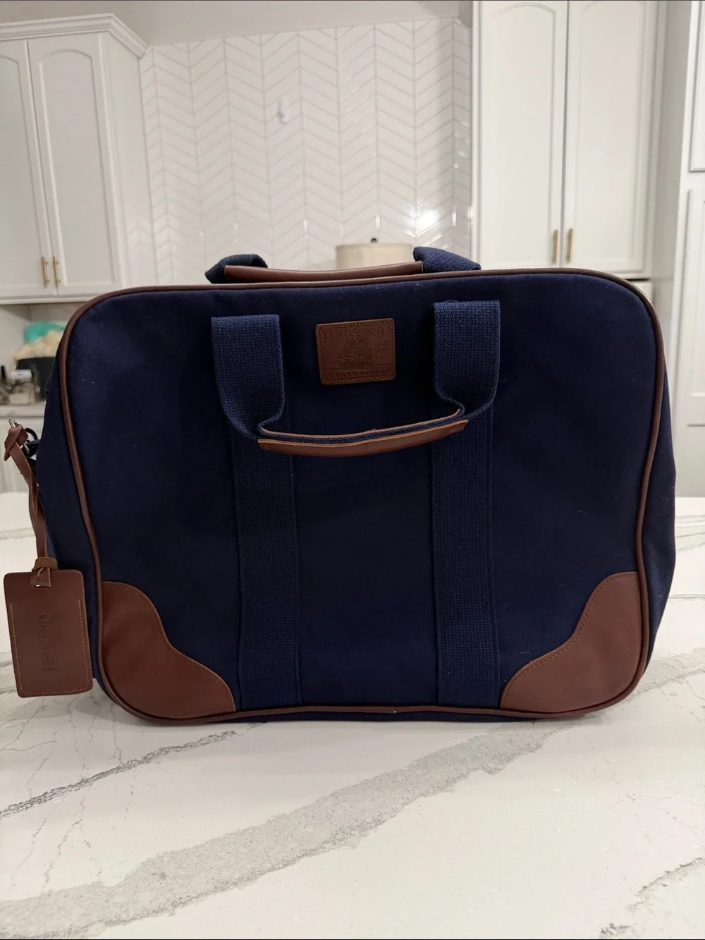 Vintage Lands’ End Navy Canvas & Leather Travel Bag Carry-On Weekender